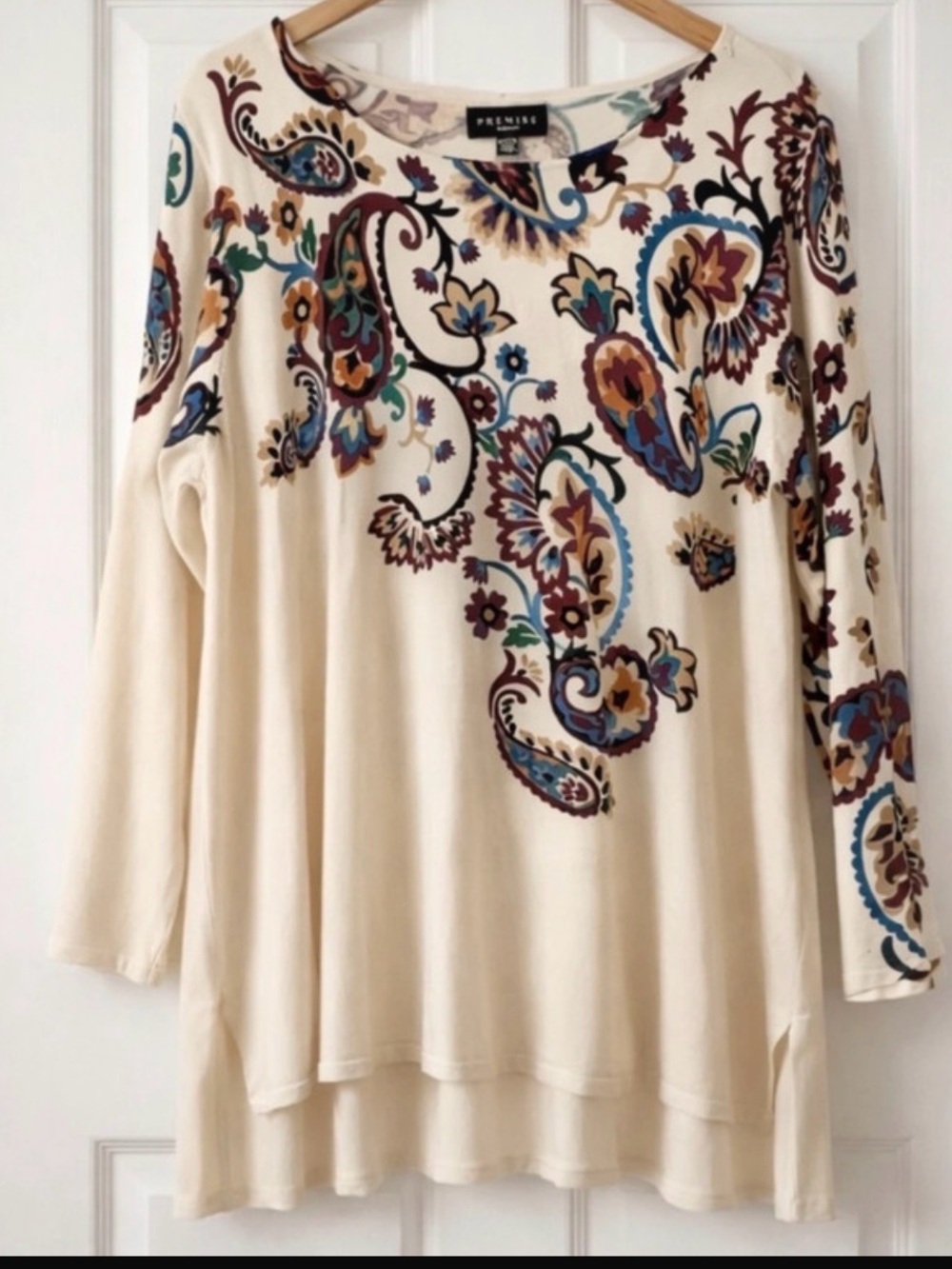 Premise Cream Paisley-Print Scoop Neck Long Sleeve Top